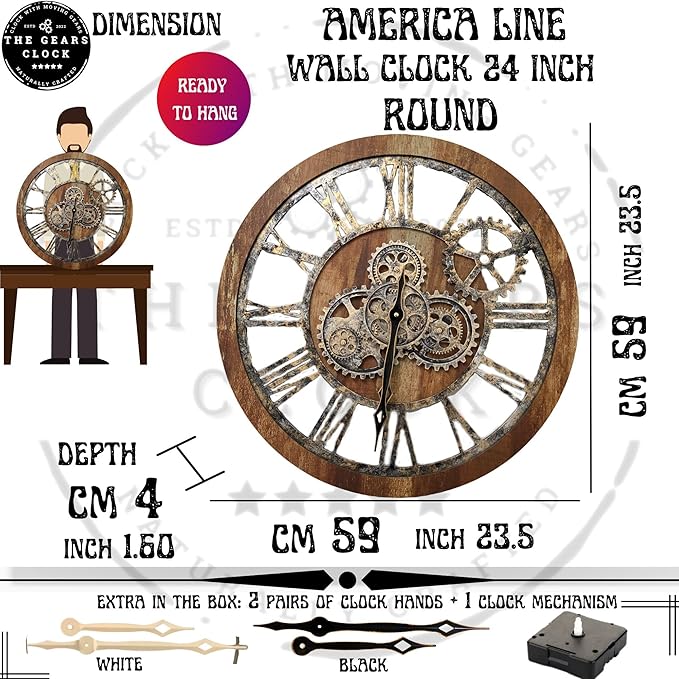 ImprovingLife The Gears Clock The Original Real Moving Gear Wall Clock Vintage Industrial Oversized Rustic Farmhouse (24 inch (60cm),Gold Antique)
