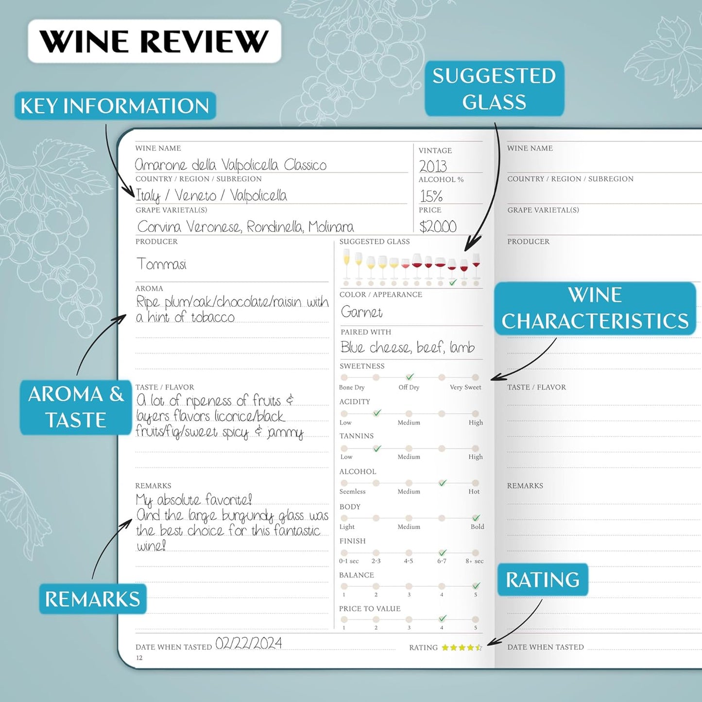 Legend Wine Tasting Journal – Wine Guide & Diary – Unique Accessories & Gifts for Wine Lovers, Women & Men, Eco Leather Notebook (Deep Sea)