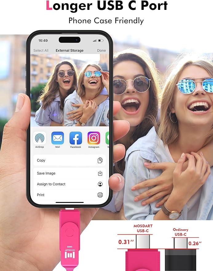 MOSDART 64GB USB3.1 Fast Speed C and A Dual Flash Drive, exFAT Memory Stick with Keychain and LED Indicator, for iPhone 15,16,17, Android Phone, iPad, MacBook, and Other Laptops, Hot Pink