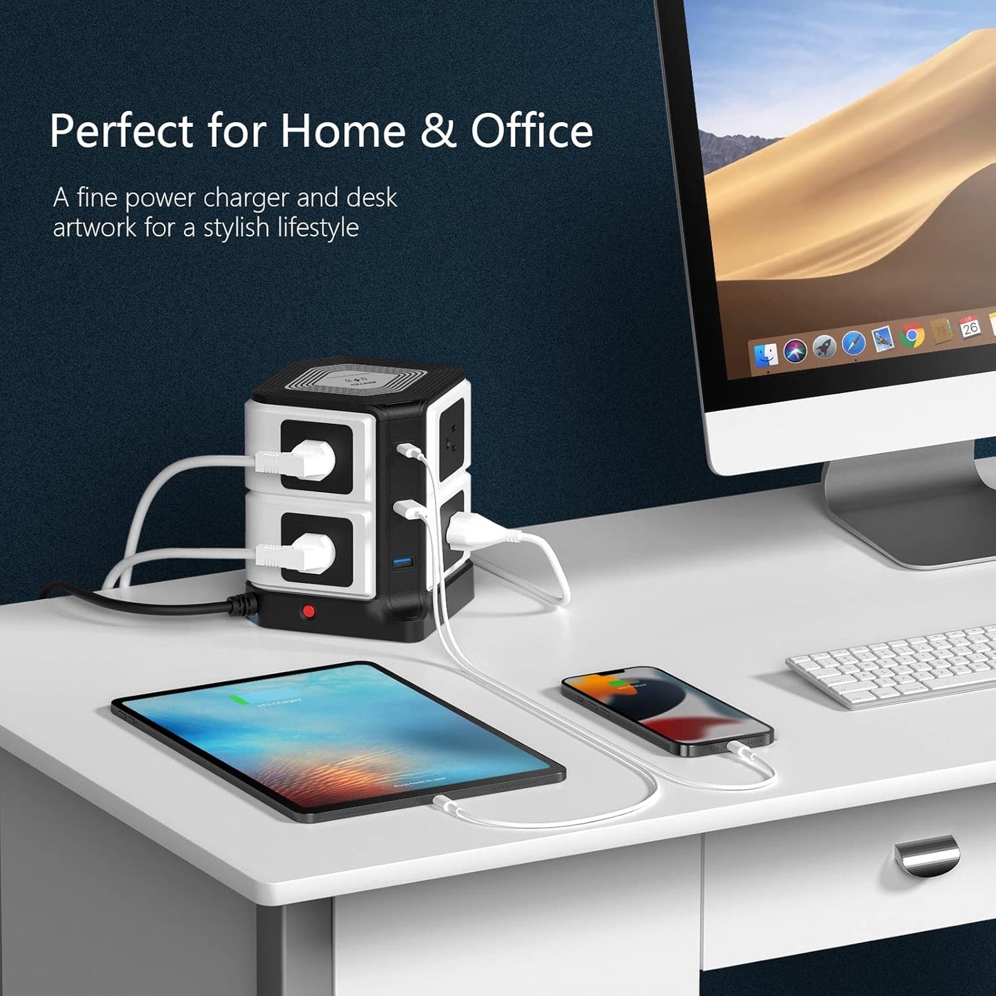 USB Power Strip with Wireless Charger BESTEK 8-Outlet Surge Protector and 40W 6-Port USB Charging Dock Station,1500 Joules,ETL Listed,Dorm Room Accessories (8AC+6USB+Wireless Charger-Black)