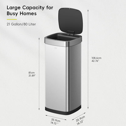 EKO EcoSmart Tall and Large Kitchen Trash Can, 80L/21.1G High Capacity, Touchless Soft Square Motion Sensor Garbage Can, Brushed Stainless Steel