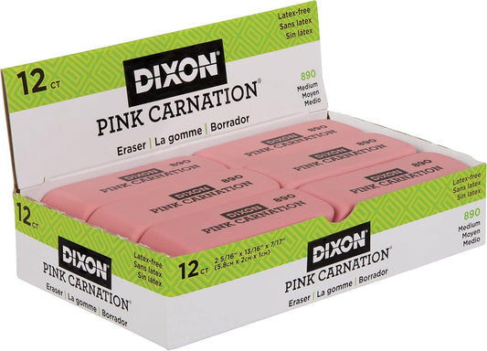 Dixon Pink Carnation Wedge Erasers, Medium, Pink, 2" x .75", 12-Pack (38900)