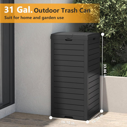 Outdoor Trash Can, 31 Gallon Garbage Can with Tiered Lid and Drip Tray, Waterproof Resin Patio Waste Bin for Garden, Backyard, Deck