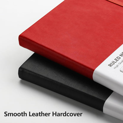 RETTACY Lined Journal Notebook, 2-Pack, 192 Numbered Pages per Pack, A5 Medium Size (5.7'' x 8.3''), for Men & Women, Writing, Work, Leather Hardcover, 100 GSM Thick Paper (Black & Red)
