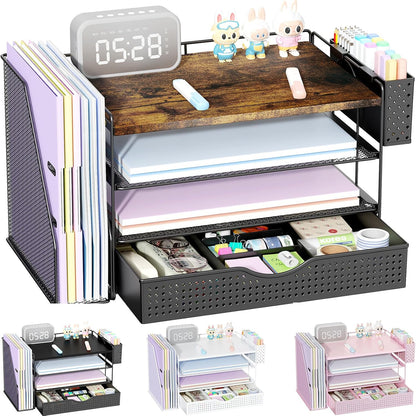 Wood Desk Organizers and Accessories with File Holder, 4-Tier Desk Accessories & Workspace Organizers with Drawer and Pen Holder, Paper Organizer for Office Supplies (Wood)