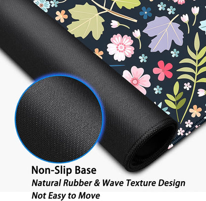 Maple Leaf and Flowers Desk Pad Mouse Pad,Large Floral Mouse Mat with Stitched Edges,Non-Slip Rubber Base Elegant Mousepad for Office PC Keyboard Laptop and Home Work Desk Mat(27.5X11.8 in)