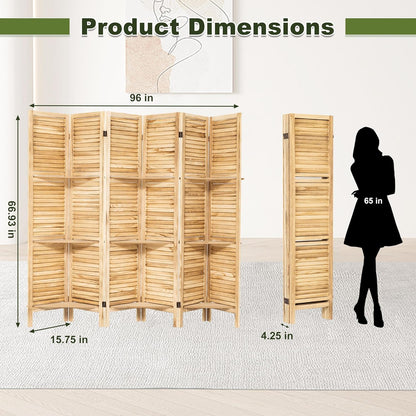 NicBex 6 Panel Room Divider 5.6FT Louvered Design Room Dividers with Display Storage Shelves Folding Privacy Screens Portable Freestanding Partition Wall Dividers for Home Bedroom Office, Natural Wood