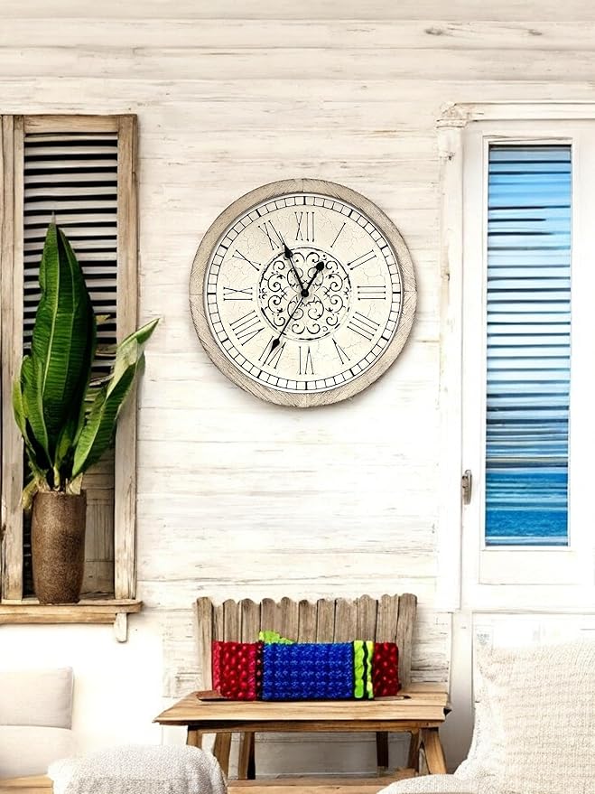 Large Decorative Vintage Worn Wall Clock - Big Farmhouse, Rustic, Coastal Decor - 25 inches for Living Room or Bedroom - Battery Operated