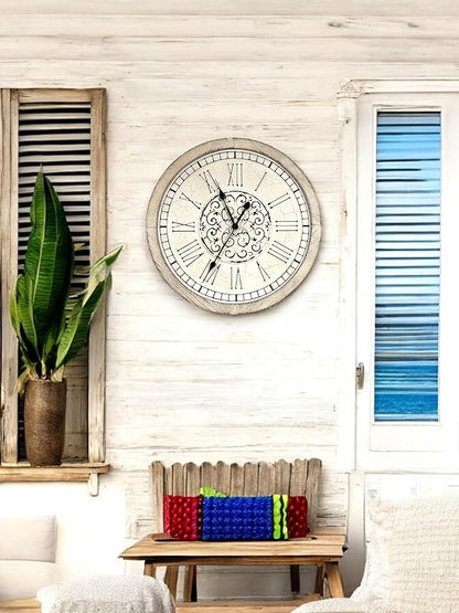Large Decorative Vintage Worn Wall Clock - Big Farmhouse, Rustic, Coastal Decor - 25 inches for Living Room or Bedroom - Battery Operated