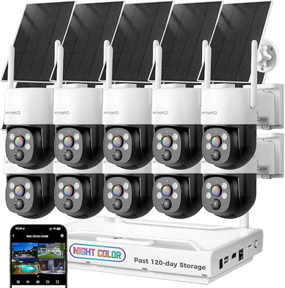 [Night Color] XMARTO 10CH 10Pcs 2K HD Wireless Solar Security Camera System with Starlight Color Night Vision, PTZ Control, Long Range WiFi6, HDMI View on Monitor, 0 Monthly Fee, 64GB Micro SD