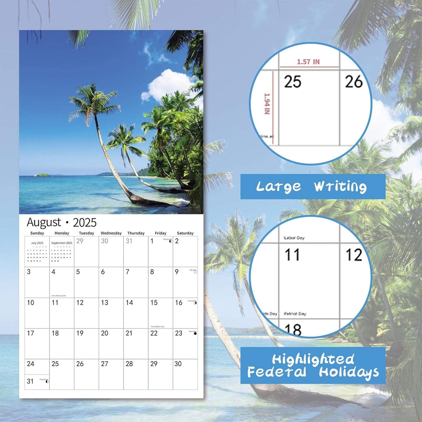 2026 Wall Calendar,Calendar 2026, July 2025 - December 2026, Wall Calendar Tropical Beaches, 12" x 24" Opened,Full Page Months Thick & Sturdy Paper for Calendar Organizing & Planning