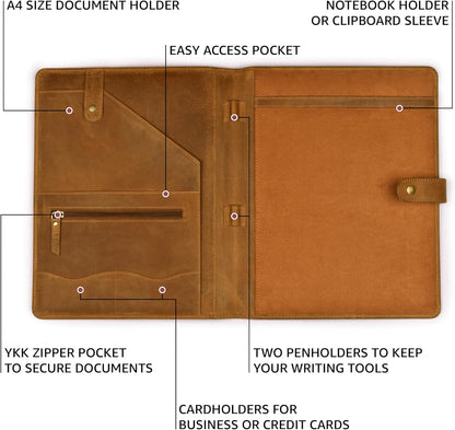 Genuine Leather Portfolio – Tan Brown Professional Organizer & Resume Folder, Antique Leather Business Document Padfolio with Writing Pad, Ideal Gift for Men & Women