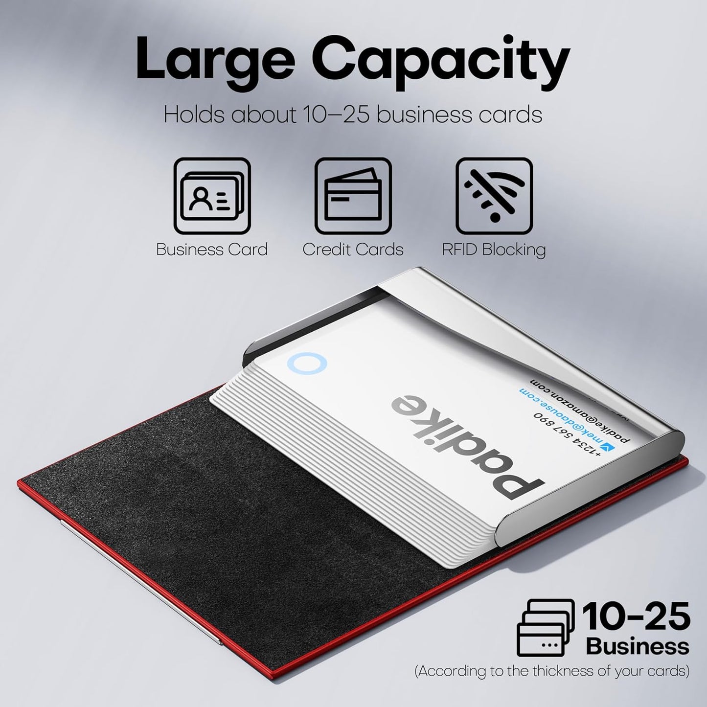 Padike Business Card Holder, Red Faux Leather Wallet with Stainless Steel, RFID Protected