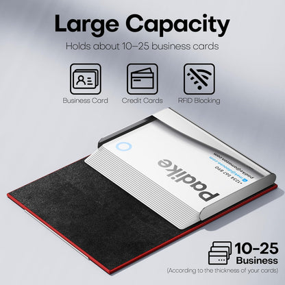 Padike Business Card Holder, Red Faux Leather Wallet with Stainless Steel, RFID Protected