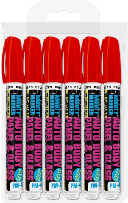 FM-43 Auto Body and Glass Paint Marker, No-Ghost, Highly Water-Resistant, 2.3mm Bullet Tip, Valve Action, 6 Bonus Reversible Tips, Made in USA - Fl. Red 6 Pack
