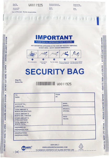 Plastic Bank Deposit Bags 9"x12"|Secure Bank Deposits,Cash Handling or Safe Currency Transportation | Sequential Barcodes | Tamper-Evident | Tear-Off Receipt for Security (White, 100 Pack)