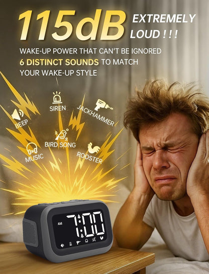 Super Loud Alarm Clock: 115dB Dual Alarms and 6 Alarm Sounds for Heavy Sleepers - Adult Shift Workers in Bedroom or Daily Wake-Up Use - Gray
