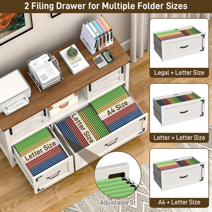 Lateral File Cabinets 2 Drawer with Sliding Barn Doors, Farmhouse Filing Cabinet with 2 Drawer for Home Office，Filing Organization Storage Cabinets for Hanging Files Letter/Legal/F4/A4.(Brown.)