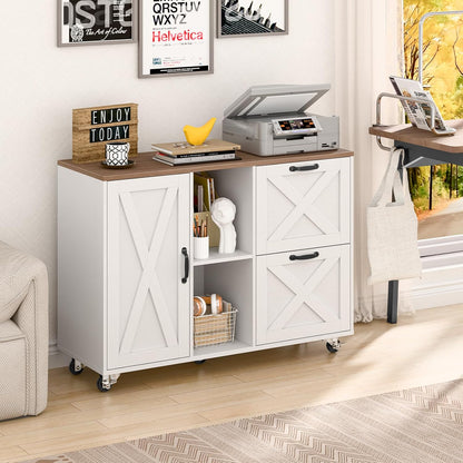 Lateral File Cabinet with 2 Drawers and Door, Mobile Farmhouse File Cabinet for Letter/A4 Size Hanging Files, Large Wood File Storage Cabinets Printer Stand for Home Office, White