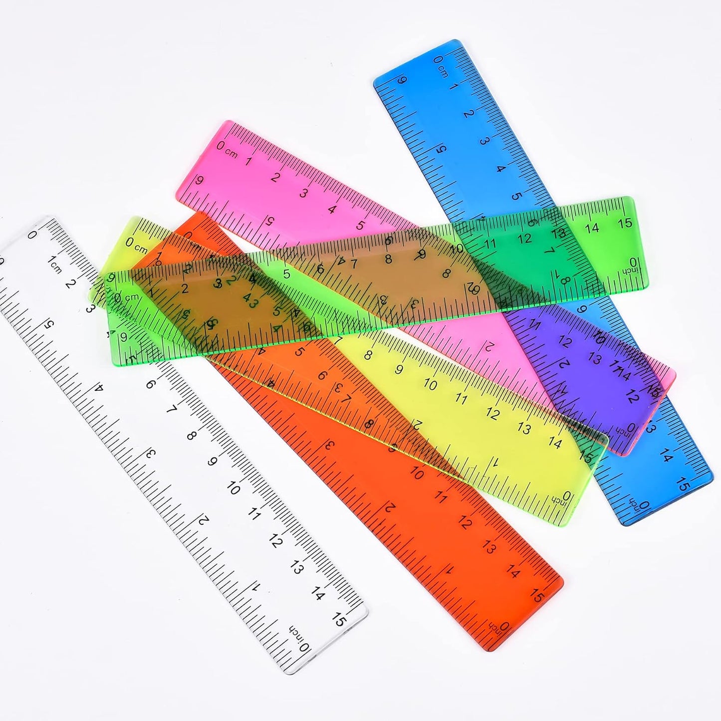 Clear Plastic Straight Ruler, 6 Inch, Bulk Assorted Colors, Shatterproof with Inches and Centimeters for School, Home, or Office (8 Pack)