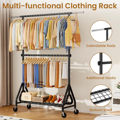 Double Rods Clothing Rack, Heavy Duty Clothes Rack for Hanging Clothes Load 560LBS, Metal Rolling Garment Racks with Wheels, Freestanding Clothes Hanging Racks, Black