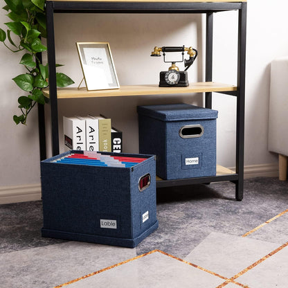 PRANDOM File Organizer Box - Set of 1 Collapsible Decorative Linen Filing Storage Hanging File Folders with Lids Office Cabinet Letter Size Navy Blue (14x9.3x10.8 inch)
