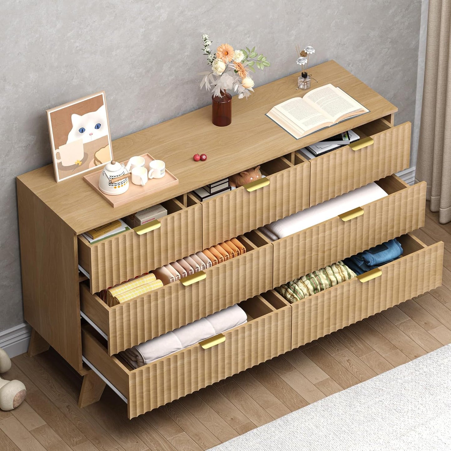 Fluted 7 Drawer Dresser, 47.2" Wide Modern Boho Chest of Drawers, Wooden Storage Dresser TV Stand for Bedroom, Living Room, Closet, Hallway, Curved Profile Design