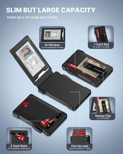 typecase Tactical Wallet for Men Card Holder: Pop Up Card Case, Genuine Leather, Smart, RFID Blocking, Slim, Minimalist, Thin, Front Pocket - 9-13 Card Capacitiy, ID Window, Money Clip (Carbon Fiber)