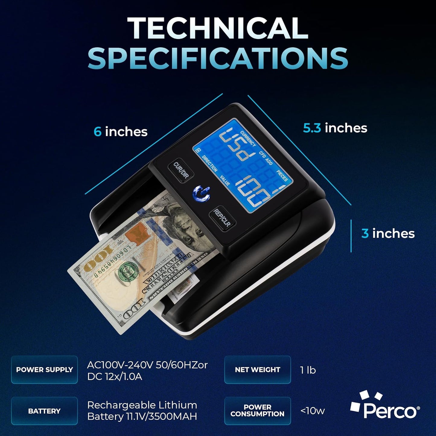 Perco Portable Counterfeit Bill Detector with UV/MG1/MG2/IR Smart Detection, Compact Lightweight Design – Money Checker for Small Business, Retail, and On-The-Go Use