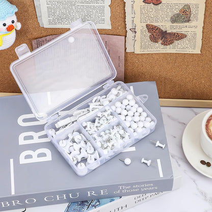 BESARME 200 Pieces Push Pins Set, 5 Types White Thumb Tacks Cute Decorative Push Pins for Wall Cork Board Bulletin Boards with Storage Box