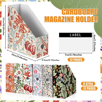 PerKoop 12 Pcs Magazine File Holder Foldable Decorative Cardboard File Folders 6 Patterns Floral Colored Magazine Rack with Printable Sticker Labels for School Office Home Desk (Floral)