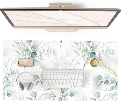 QIYI Large Mouse Pad for Desk, Cute Desk Mat for Desktop, Women Girls Green Office Décor Desk Accessories, PU Leather Waterproof Gaming Mousepad, Eucalyptus Leaf Desk Pad Computer Mat, 31.5" x 15.7"