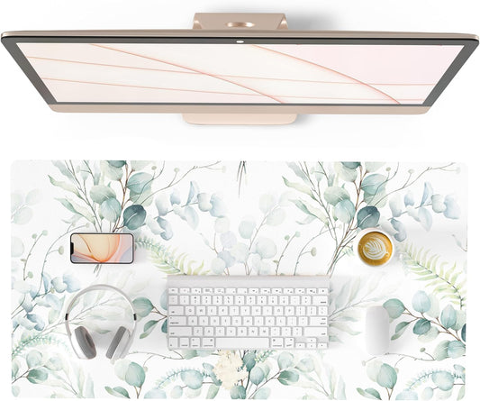 QIYI Large Mouse Pad for Desk, Cute Desk Mat for Desktop, Women Girls Green Office Décor Desk Accessories, PU Leather Waterproof Gaming Mousepad, Eucalyptus Leaf Desk Pad Computer Mat, 31.5" x 15.7"