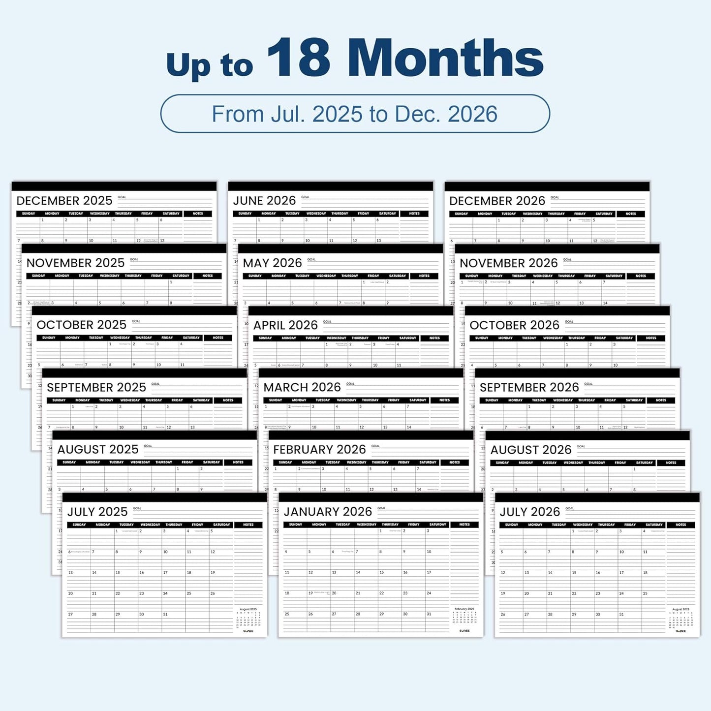 SUNEE Desk Calendar 2025-2026 17x12, 18 Months, JUL. 2025 - DEC. 2026, Academic Calendar 2025-2026, School Year Large Desktop Calendar Monthly for Teacher, Black with Note