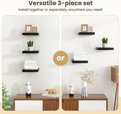 Fun Memories Floating Shelves for Wall - 7.5 Inch Square Shelves with Invisible Brackets, Black Small Wall Shelf for Living Room, Bathroom, Bedroom, and Kitchen Decor，Black Set of 3