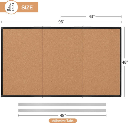 Board2by Extra Large Cork Bulletin Board 96" X 48", Foldable Notice Pin Board for Wall, Black Aluminum Framed 8'x4' Corkboard, Wall Mounted Noticeboard with 36 Push Pins for School, Home & Office