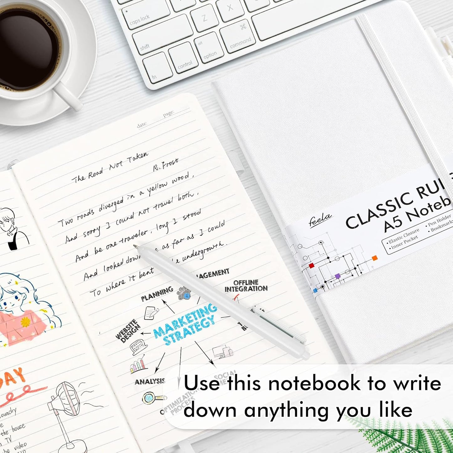 feela 5 Pack Notebooks Journals Bulk, Hardcover Notebook Classic Ruled Lined Journals with Pen Holder for Women Girls School Business Supplies, with 5 Black Pens, 120 GSM, 5.1”x8.3”, A5, White