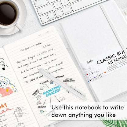 feela College Ruled Notebooks, 24 Pack Business Notebook Hardcover Lined Writing Journal with Pen Holder for Men Women Note Taking, with 24 Black Pens, 120 GSM, 5.1”x8.3”, A5, White