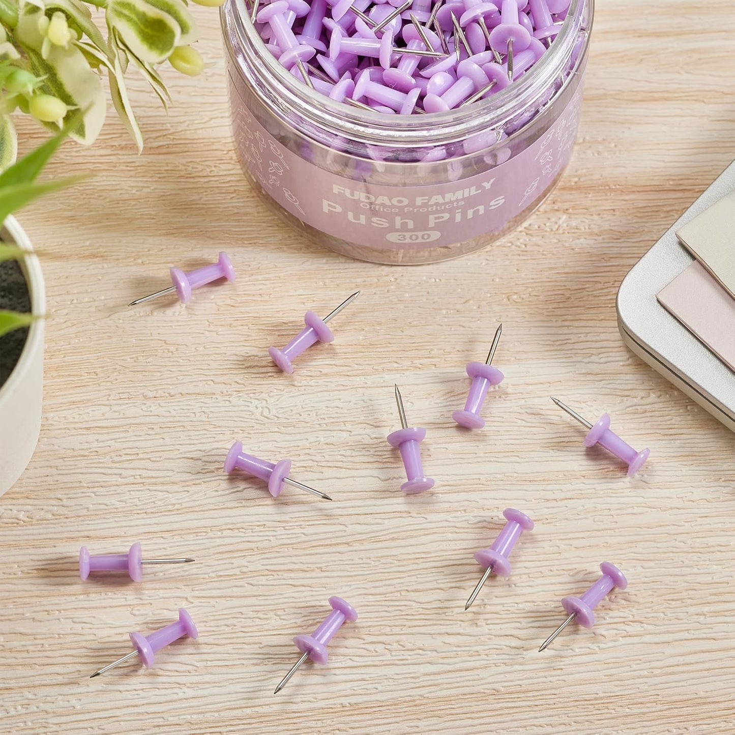FUDAO FAMILY 300pcs Push Pins for Bulletin Board, Thumb Tacks for Wall Corkboard, Map Pins - Home Office Craft Projects Plastic Head Steel Push Pin (Purple)