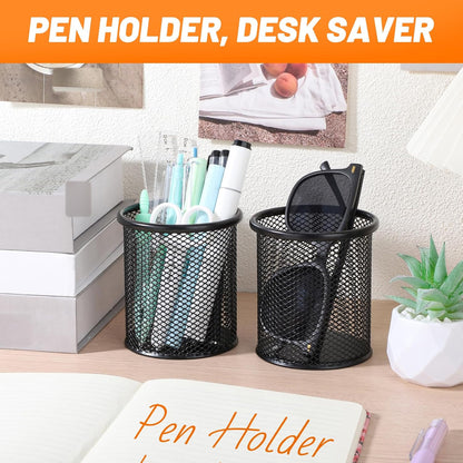 Segarty Pen Holder, 6 Pack Round Black Pen Cup Holder for Desk, Wire Mesh Pencil Containers Set for Office Supplies, School Maker, Home Desktop Accessories Organizer, Makeup Brush