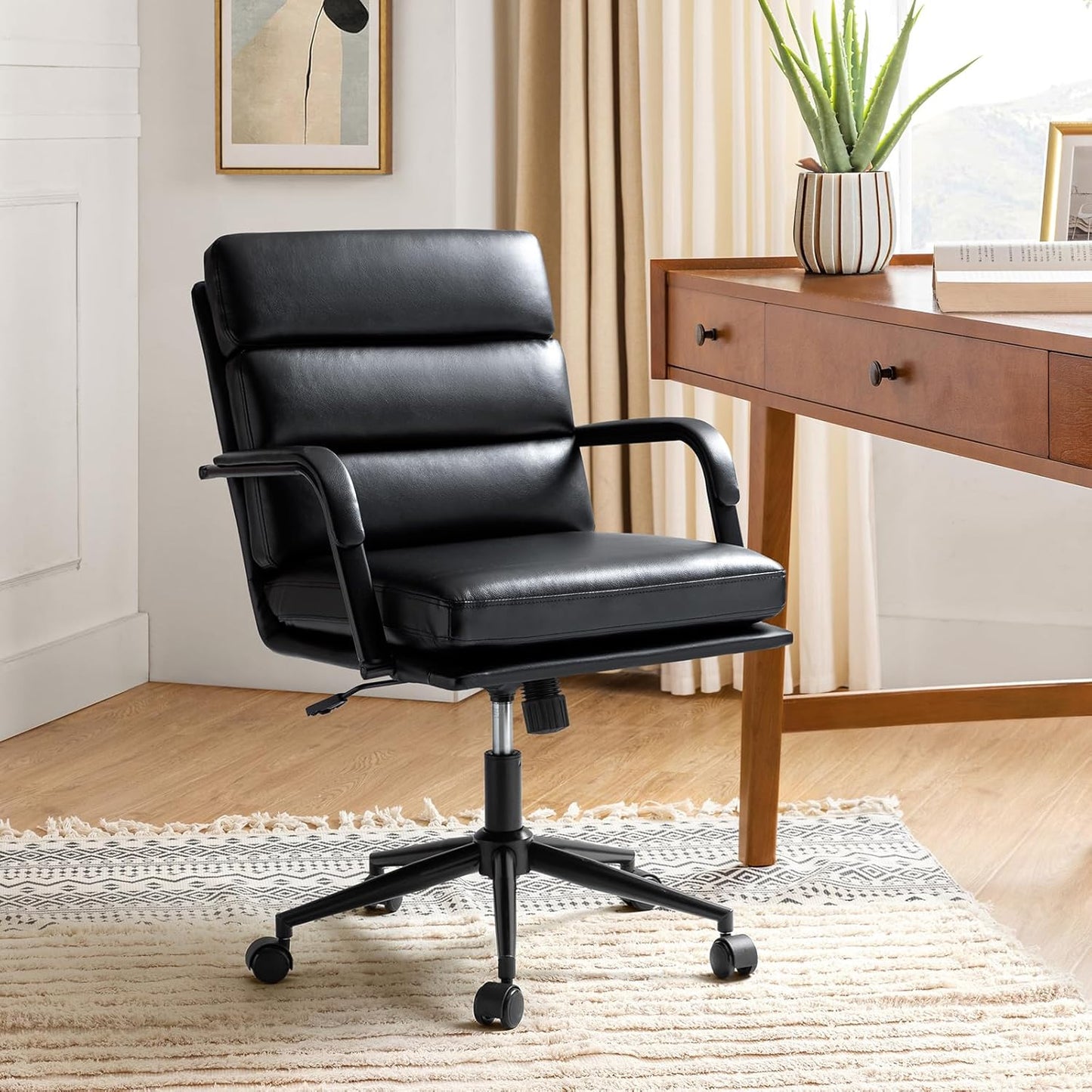 HULALA HOME Modern Faux Leather Home Office Chair with Tilt Lock & Metal Base, Desk Chair with Wheels & Padded Cushion, 360° Swivel Wide Seat Computer Task Chair, Black