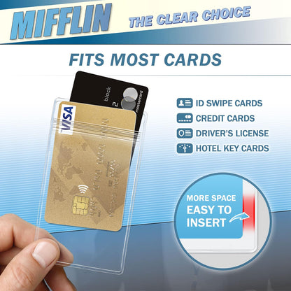 Mifflin-USA Vertical Plastic Card Holder with Metal Clip and Vinyl Straps (Clear, 2.25x3.5 Inch, 100 Pack), Waterproof PVC ID Name Badge Holder with Clip