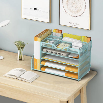 5 Tier Paper Letter Tray with File Holder and 3 Drop-in Pen Holders, Mesh Desk File Organizer with Handle, Desk Organizers and Accessories for School,Home, Office Supplies Storage-Blue