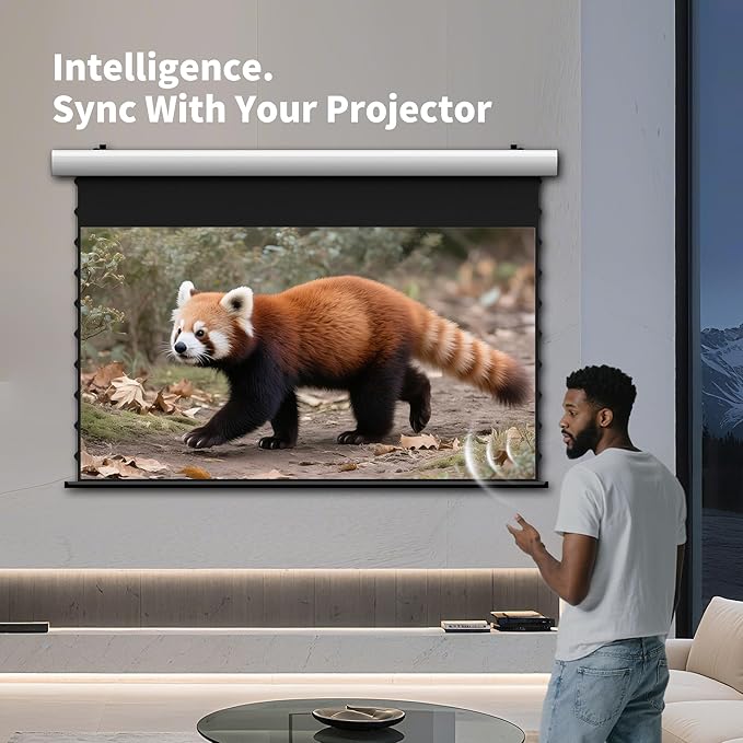 FlowArc Smart Motorized Drop Down Projector Screen Gray Fabric, Anti-Speckle,Wall/Ceiling Installation,Compatible for All Projectors (110”)