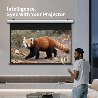 FlowArc Smart Motorized Drop Down Projector Screen Gray Fabric, Anti-Speckle,Wall/Ceiling Installation,Compatible for All Projectors (110”)