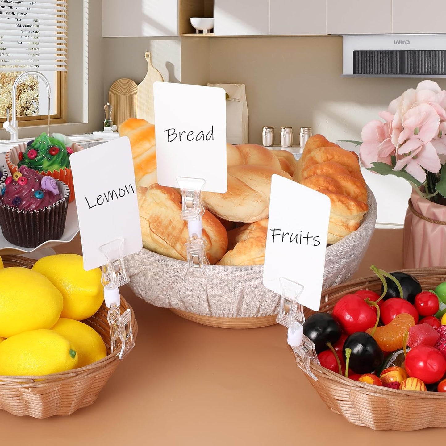 100 Pcs Double Sided Sign Clips - Rotatable Mini Clip Clear Plastic Sign Holder Stand for Label Clothing Business Cards Retail