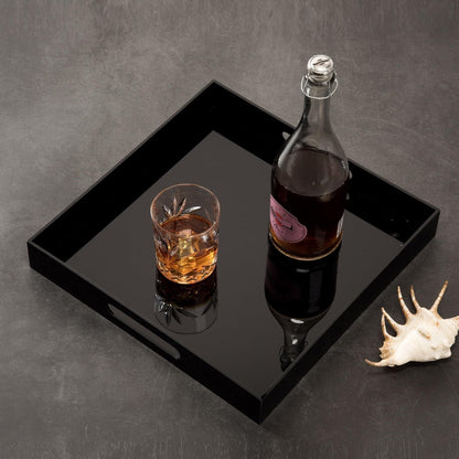 Glossy Black Acrylic Serving Tray - 14x14Inch, Multipurpose, Sturdy, Modern Style, Spill Proof, Countertop Organizer, Vanity Table Tray