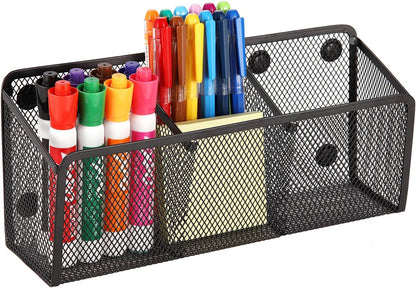 Magnetic Pencil Holder - Extra Strong Magnets Mesh Marker Holder Perfect for Whiteboard, Refrigerator and Locker Accessories (3 Baskets, 1 Pack Black)