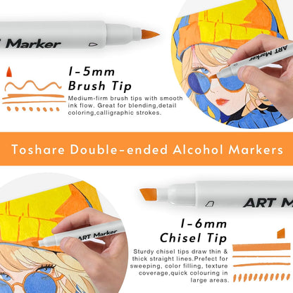 40 Colors Alcohol Markers - Double Tip Art Markers Alcohol Based Marker Brush&Chisel Nib Blender Art Pens Permanent Sketch Marker for Kids Adults Coloring and Artist Illustration