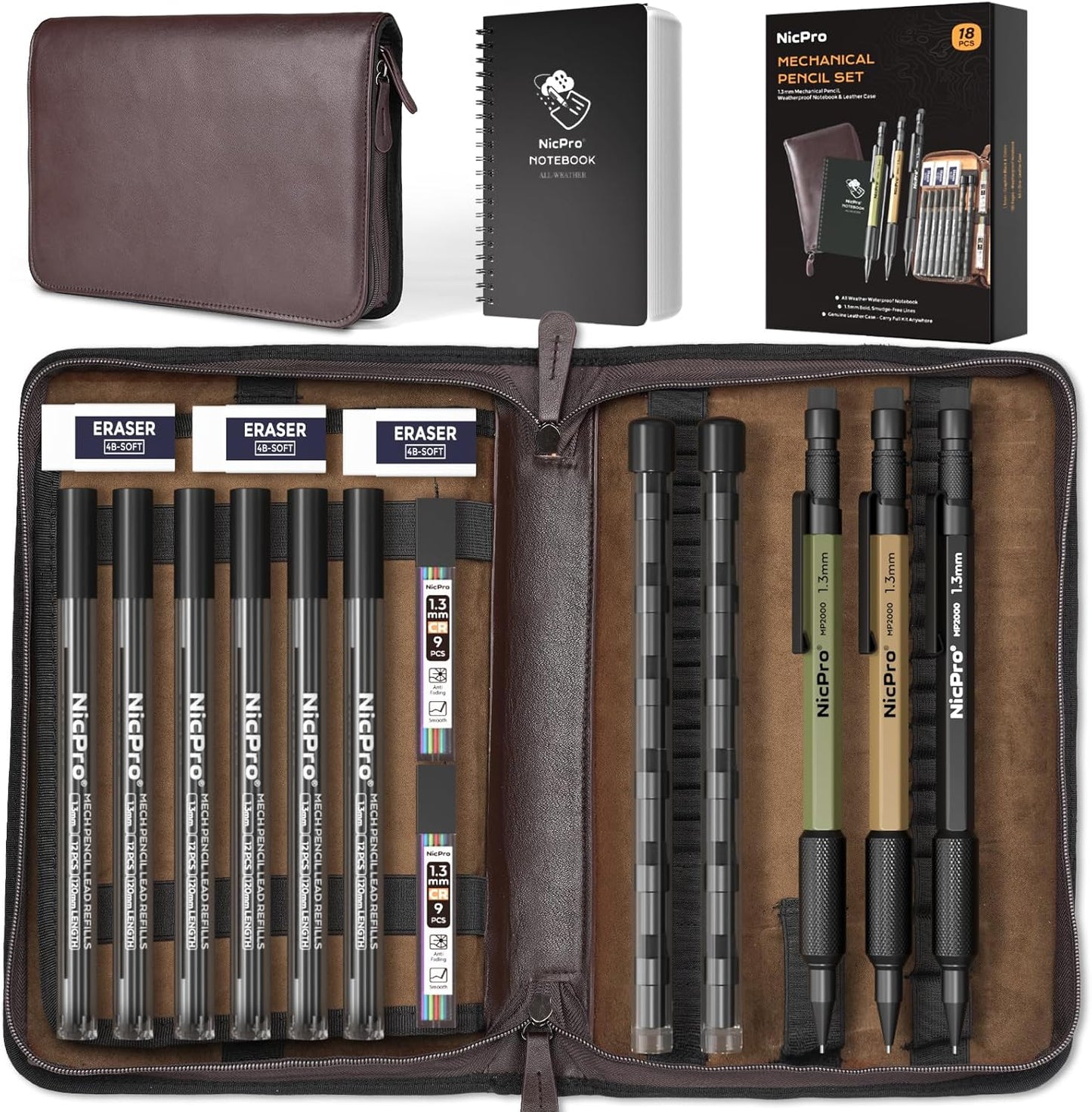 Nicpro 1.3mm Mechanical Pencil Set in Leather Bag with Lead Refill Black & Colors, Erasers- Weatherproof Metal Heavy Duty Carpenter Pencil & Spiral Notebook for Outdoor Drafting Marking Drawing
